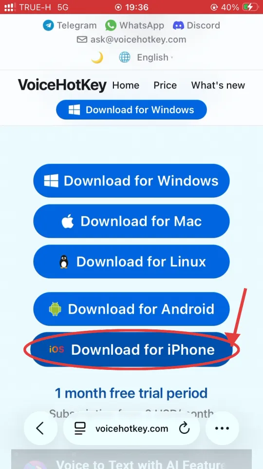 Strona główna voicehotkey.com z przyciskiem Download for iPhone