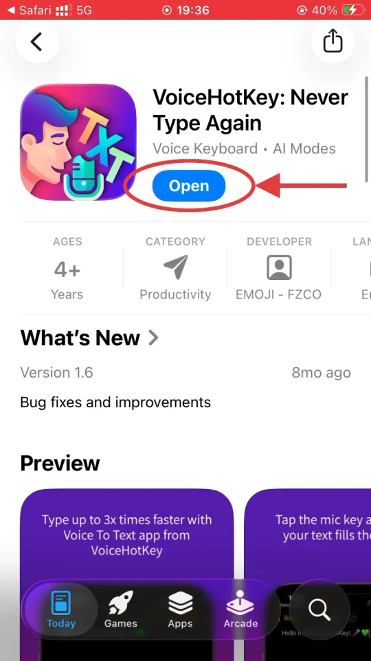 Przycisk Open w App Store po instalacji
