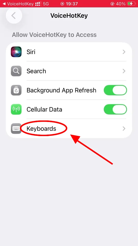 Ustawienia iOS pokazujące dostęp do VoiceHotKey