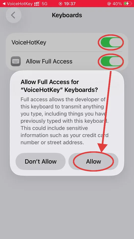 Okno ostrzeżenia iOS Allow Full Access