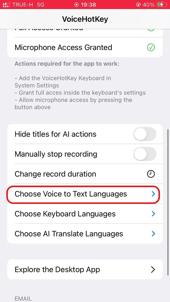 Opcje ustawień VoiceHotKey