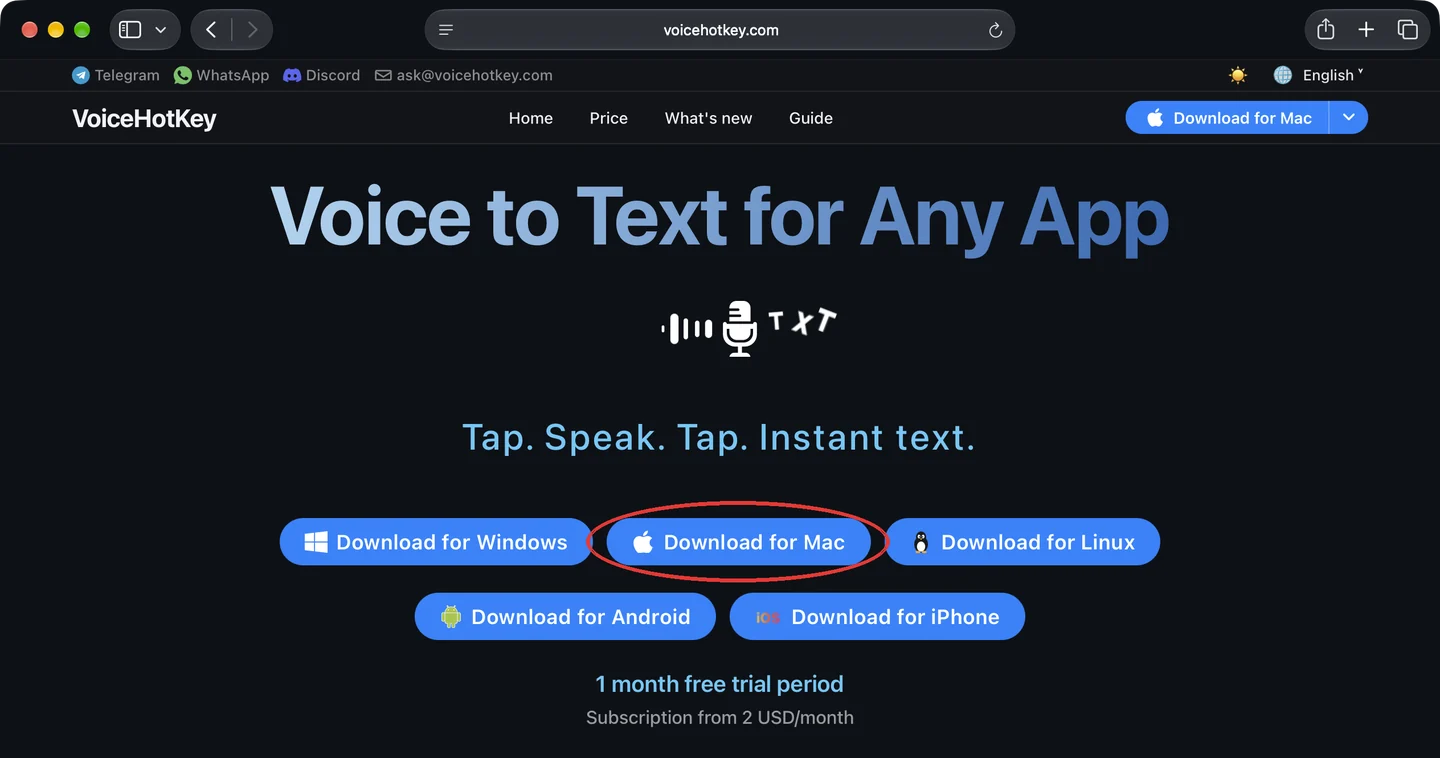 Strona główna voicehotkey.com z przyciskiem pobierania dla Maca