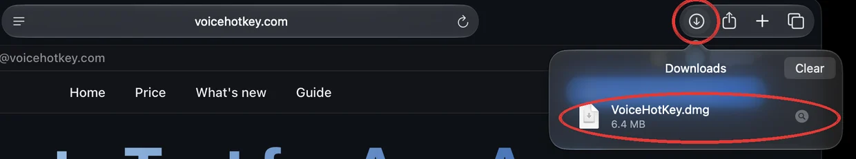 Lista pobierania w Safari z plikiem VoiceHotKey.dmg
