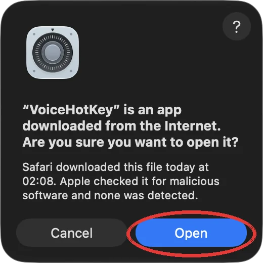 Okno macOS dotyczące aplikacji pobranej z Internetu z przyciskiem Otwórz