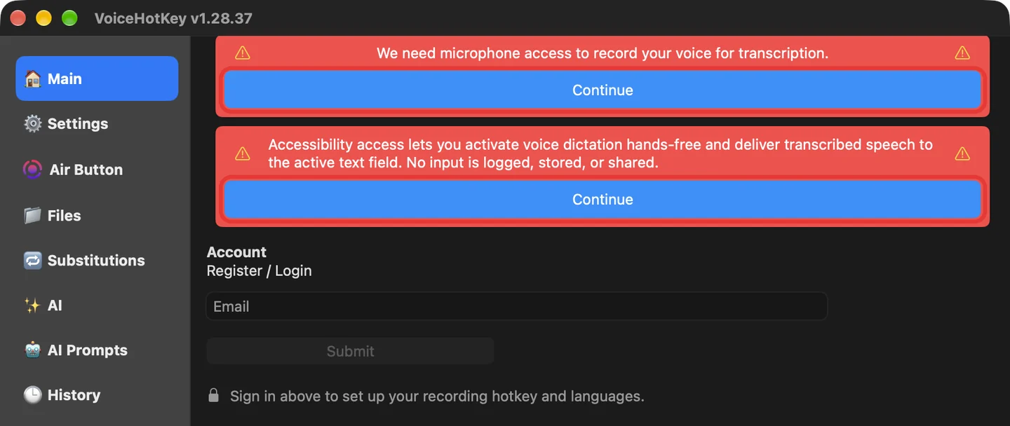 Główne okno VoiceHotKey z komunikatami o mikrofonie i dostępności