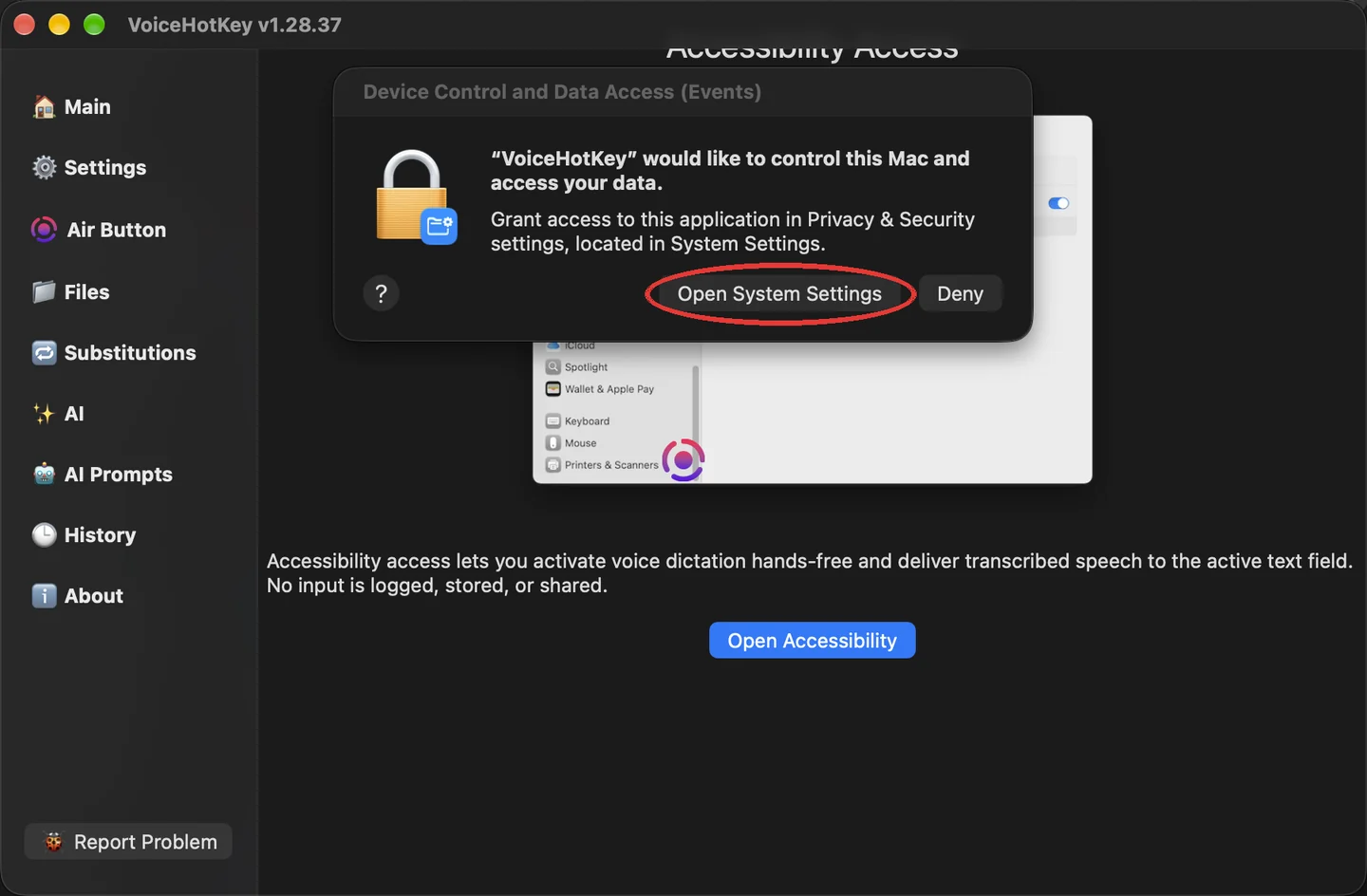 Prośba macOS o uprawnienie dostępności z przyciskiem otwierającym ustawienia systemowe