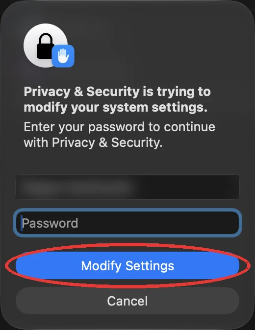 Prośba macOS o hasło z przyciskiem zmiany ustawień