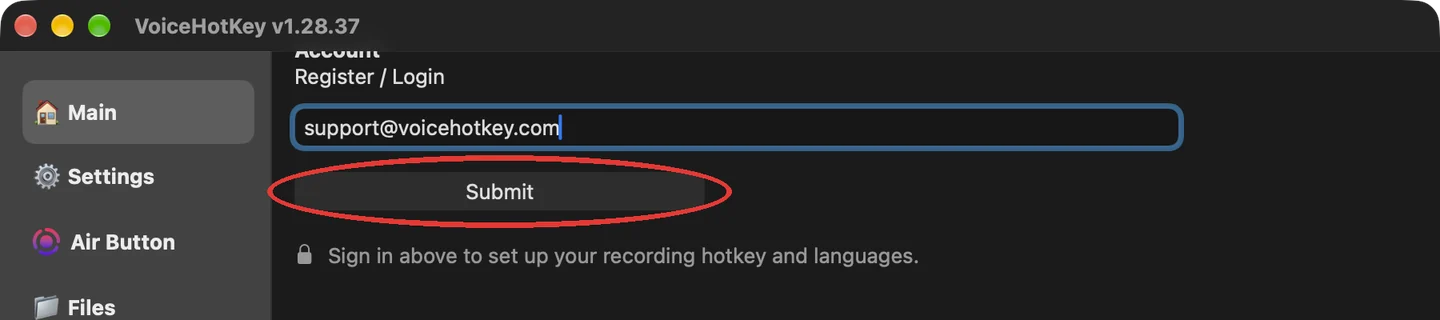 Pole adresu e-mail w VoiceHotKey z przyciskiem Wyślij