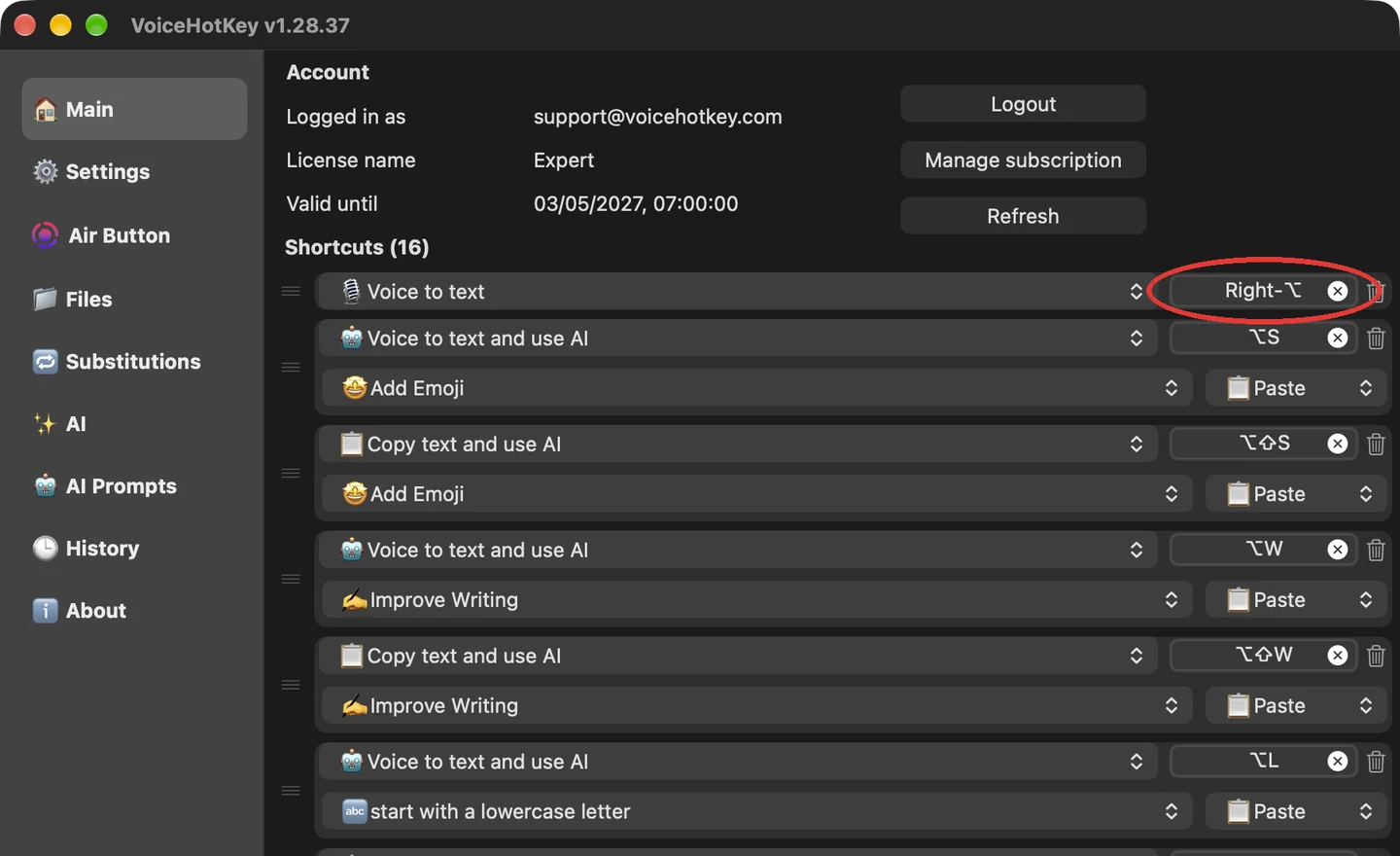VoiceHotKey po zalogowaniu z prawym Option jako skrótem dyktowania
