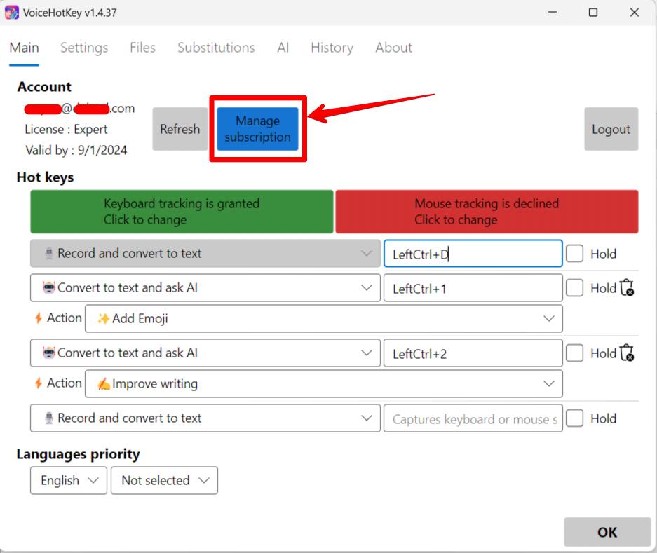 VoiceHotKey Windows Zarządzaj subskrypcją