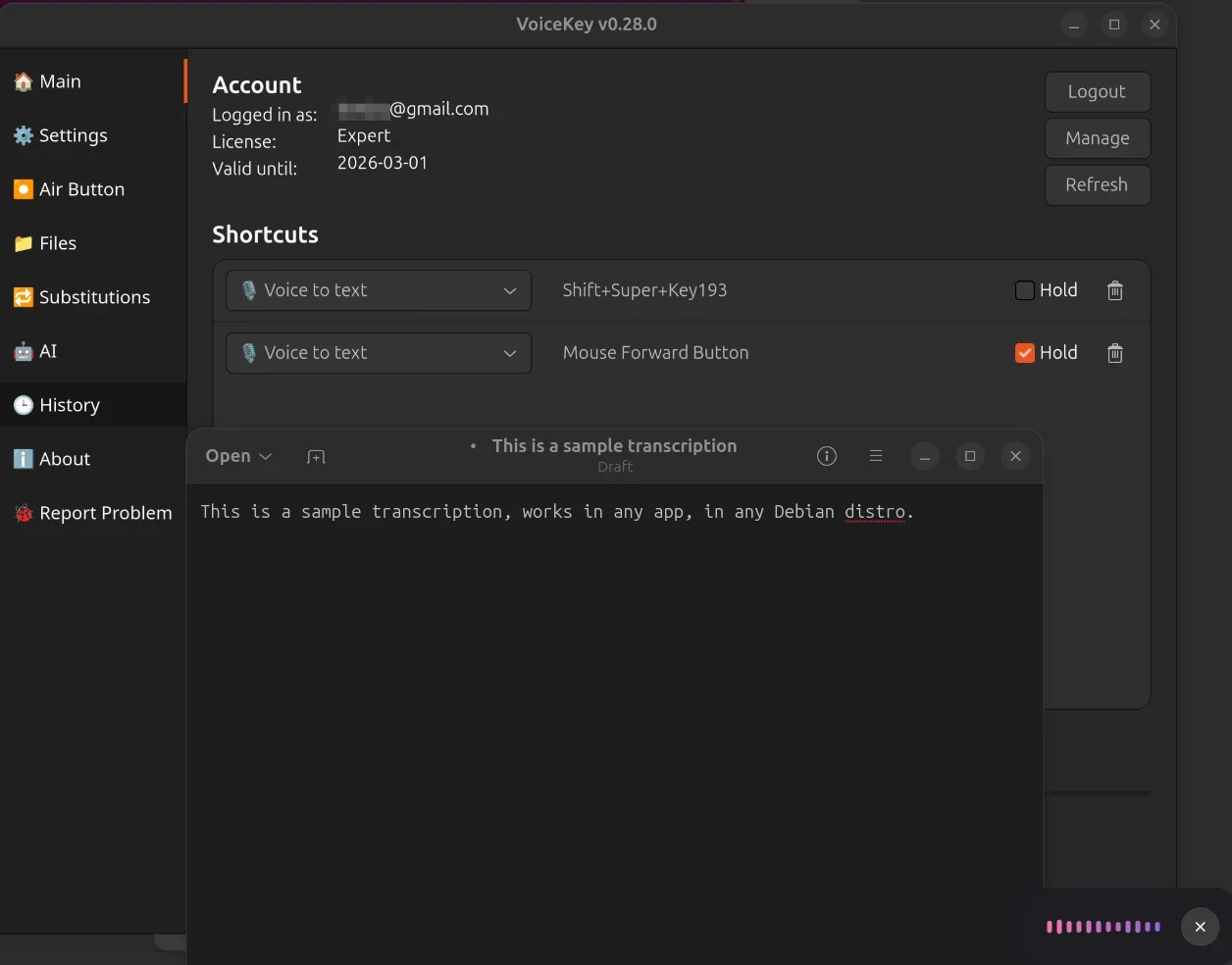 Aplikacja VoiceKey do dyktowania głosowego działająca na Ubuntu Linux ze skrótami i transkrypcją na żywo